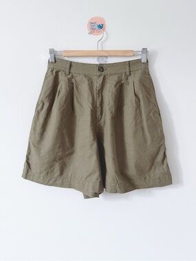 Uniqlo Cotton Linen Pleated Relaxed Shorts Olive Khaki Green High Rise Pants S